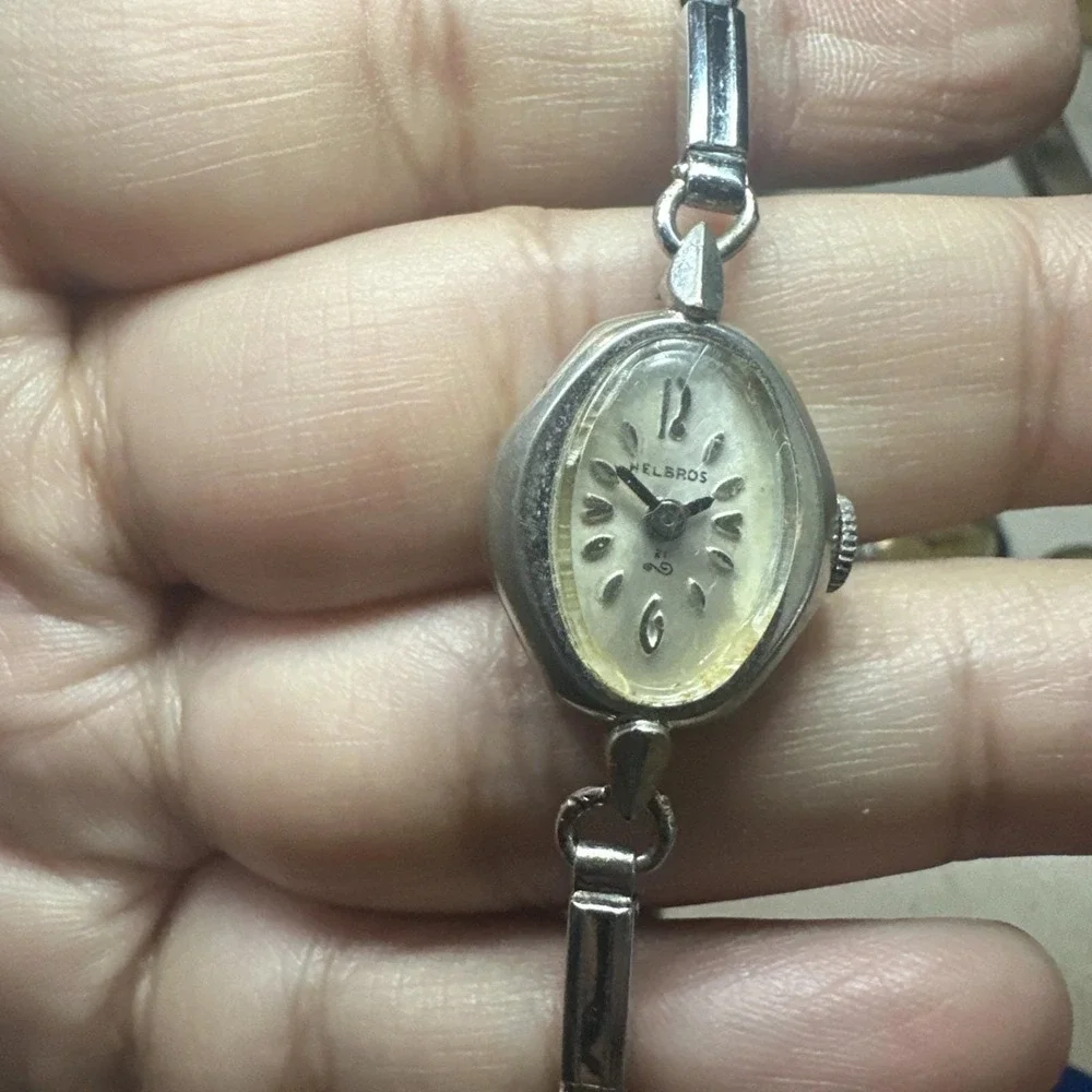 Working Vintage HELBROS Silver 21 jewels Manual Wind Ladies Watch 17mm‎ Fit 6.5